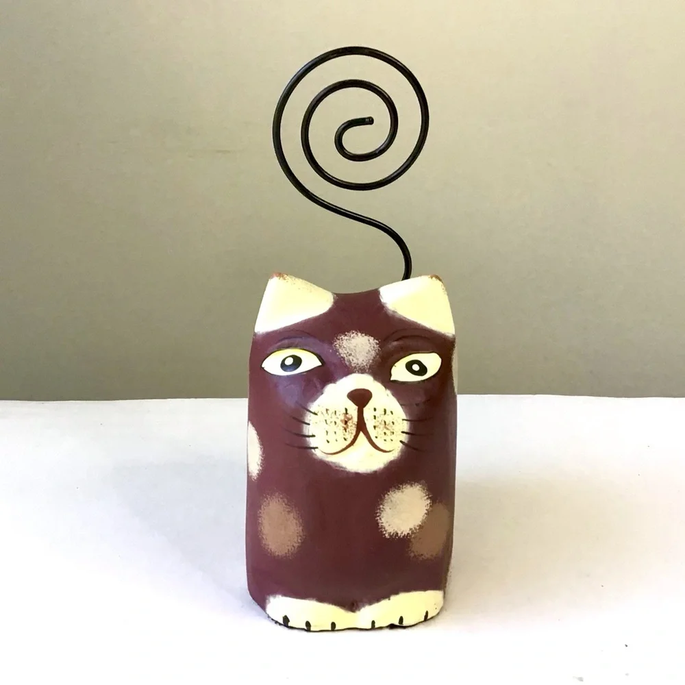 Pier 1 Cat Tail Photo Card Note Holder Whimsical Kitty Folk Art Painted Wood